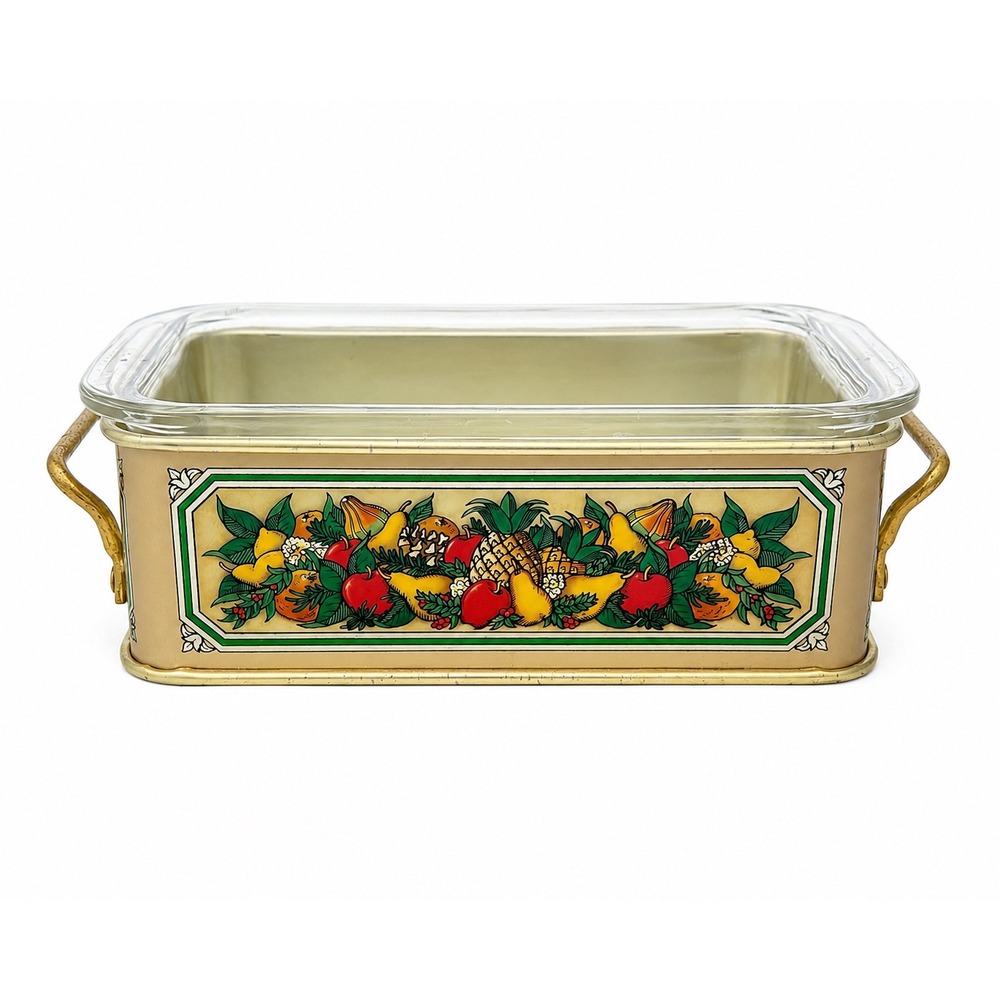 Teleflora Pyrex Loaf Pan Carrier Vintage 1981 Fruit Tin 1.5 Qt Cream Green 213